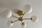 Modern 5-light brass and frosted glass ceiling lamp fitting