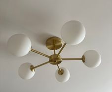 Modern 5-light brass and frosted glass ceiling lamp fitting