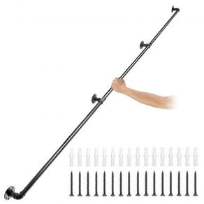 Pipe Stair Handrail, 9FT Staircase Handrail, 440LBS Load Capacity Carbon Steel Pipe Handrail, Industrial Pipe Handrail with Wall Mount Support, Round Corner Wall Handrailings for Indoor, Outdoor (FREE SHIPPING)