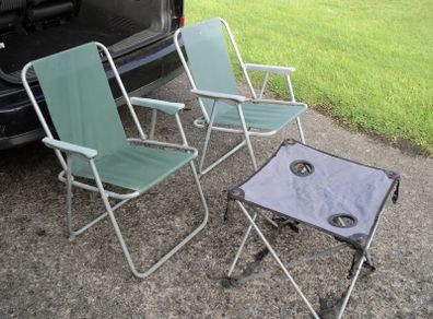 Deck chairs and folding table .