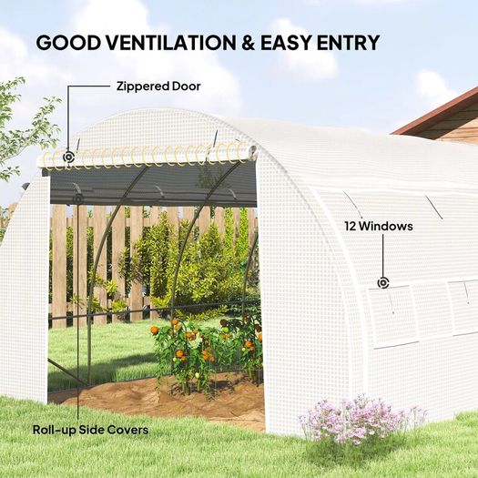 4 x 3 x 2 m Polytunnel Greenhouse w/ Roll-up Side Walls, Steel Frame Walk-in Grow House Tent w/ Zippered Door and 8 Windows and Reinforced Cover