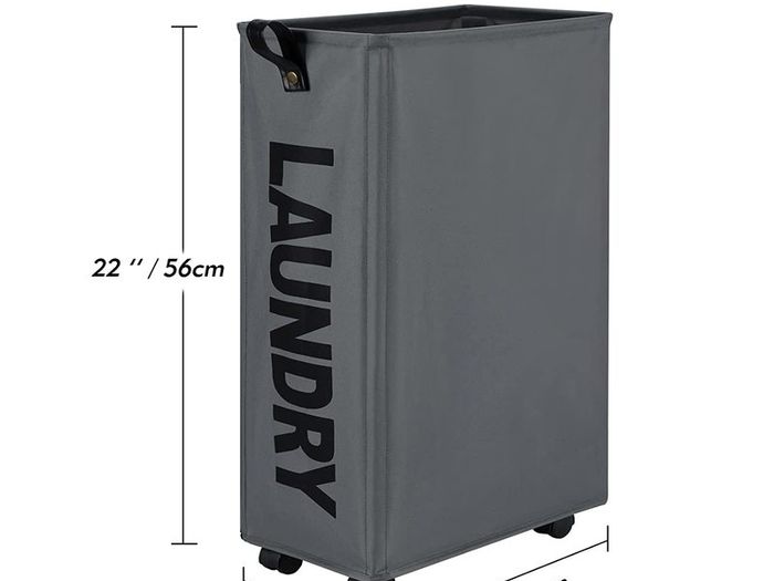 Slim Laundry Basket with Leather Handle on Wheels (4 Colors), Foldable Corner Storage Bins, Collapsible Rolling Laundry Hamper (Dark Grey, Slim)