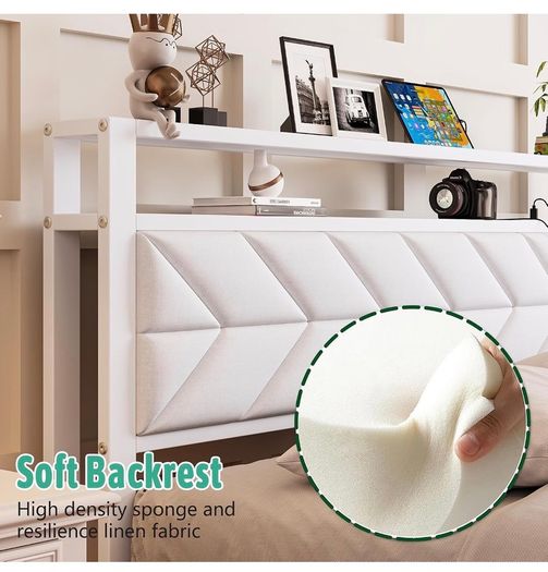 4ft6 Floating Double Bed Frame Upholstered Platform Bed with Storage Shelf Headboard,Charging Station/LED Lights,Metal Slat Support/Noise Free,No Box Spring Needed,135x190 Double Size,White