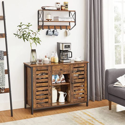_Sideboard, kitchen cabinet, side cabinet with drawer and lamellar doors, for kitchen, dining room, living room, industrial design, vintage brown-black