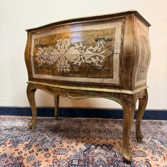 Hollywood Regency Bombe Two Drawer Cabinet in Gold & White