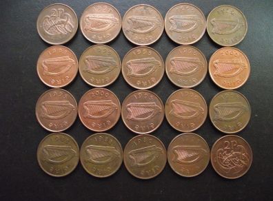 20 Irish 2 pence coins (1979-2000) Nice condition.