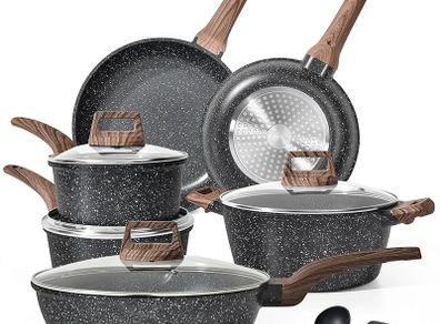 Induction Hob Pots and Pans Set 13pcs Nonstick Cooking Pans Set, Black Granite Cookware Set with Lid, Non Stick Saucepan Set, Frying Pan Set, PFOS & PFOA Free