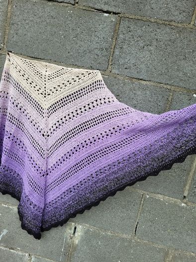 Handmade crochet triangle shawl wrap. Violet lila black ombre lacy shawl