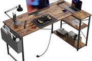 Small L Shaped Desk with Power Outlets - 100x70 cm Corner Computer Desk Writing Table, Reversible Large Storage Shelves, Bookshelf Workstation for Study Play Work Bedroom Home Office Brown