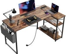 Small L Shaped Desk with Power Outlets - 100x70 cm Corner Computer Desk Writing Table, Reversible Large Storage Shelves, Bookshelf Workstation for Study Play Work Bedroom Home Office Brown