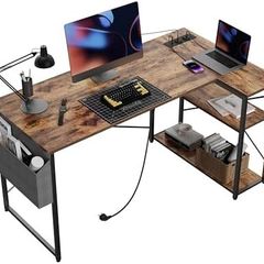Small L Shaped Desk with Power Outlets - 100x70 cm Corner Computer Desk Writing Table, Reversible Large Storage Shelves, Bookshelf Workstation for Study Play Work Bedroom Home Office Brown