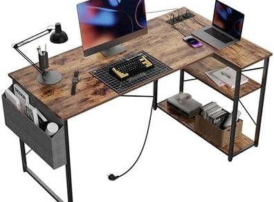 Small L Shaped Desk with Power Outlets - 100x70 cm Corner Computer Desk Writing Table, Reversible Large Storage Shelves, Bookshelf Workstation for Study Play Work Bedroom Home Office Brown