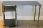 Large Black Tempered Glass Desk with Silver Metal Legs and 2 Storage Shelves
