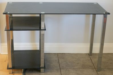 Large Black Tempered Glass Desk with Silver Metal Legs and 2 Storage Shelves