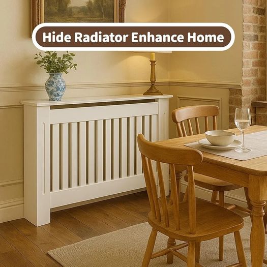 Arlington Radiator Cover White - Medium - Modern Shaker Style Vertical Slat Design For Optimal Heat Circulation - H83.3xW111xD19cm - Painted MDF Cabinet with Wood Top Shelf