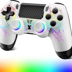 Wireless Controller for PS-4, Crack Design with RGB Light, 1000mAh Battery, Gamepad Joystick with Dual Vibration/6-Axis Gyro Sensor/Touch Panel, Controller for PS-4/Pro/Slim/PC (WHITE-RGB)