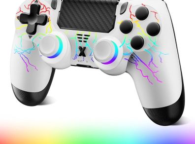 Wireless Controller for PS-4, Crack Design with RGB Light, 1000mAh Battery, Gamepad Joystick with Dual Vibration/6-Axis Gyro Sensor/Touch Panel, Controller for PS-4/Pro/Slim/PC (WHITE-RGB)