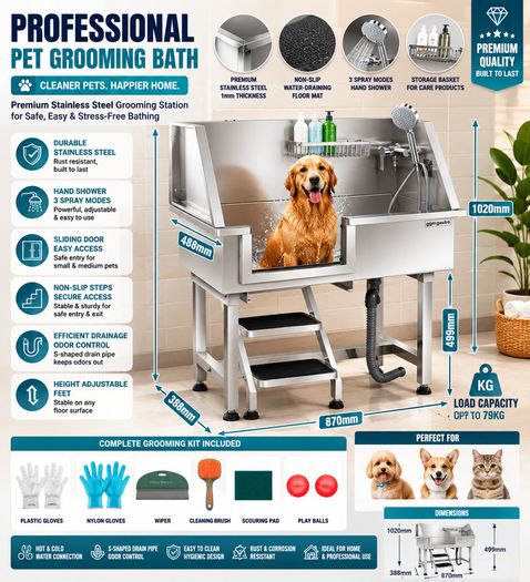 Professional Stainless Steel Pet Grooming  Dog Bath Station with Steps & Shower Kit