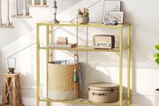 3-Tier Gold Console Table, Tempered Glass Sofa Table, Narrow Side Table, Modern Hallway Table, for Living Room, Foyer, Hallway, Bedroom, Metal Frame, Sturdy, Gold