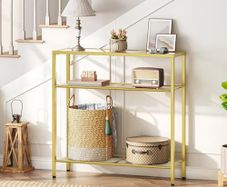 3-Tier Gold Console Table, Tempered Glass Sofa Table, Narrow Side Table, Modern Hallway Table, for Living Room, Foyer, Hallway, Bedroom, Metal Frame, Sturdy, Gold
