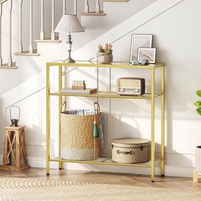 3-Tier Gold Console Table, Tempered Glass Sofa Table, Narrow Side Table, Modern Hallway Table, for Living Room, Foyer, Hallway, Bedroom, Metal Frame, Sturdy, Gold