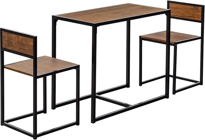 Brown & Black 2 Seater Compact Dining Set - 2 Chairs and Table - Two Person Kitchen Dinner Small Space Saving Wood Contemporary Finish