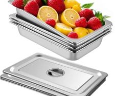 4 Pack Steam Table Pans 20.9 x 12.8 x 3.9 Inch Deep Steam Table Pan Full Size 13L Deep Food Container Stainless Steel Oven Tray Hotel Pans Anti-Jam Steam Table Food Pan