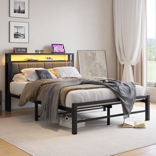 Double Bed Frame with Storage and LED Lights