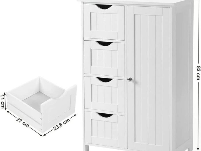 Bathroom Floor Storage Cabinet, Wooden Storage Unit with 4 Drawers, Single Door, Adjustable Shelf, for Living Room, Kitchen, Entryway, White (FREE POSTAGE)