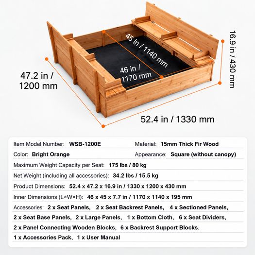 Wooden Sandbox Sand Pit with Foldable Bench Seats and Bottom Liner, Natural Wood Kids Sandbox for Outdoor Backyard