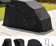 Motorcycle Storage Shelter with Security Lock, 600D Oxford Flip-Up Garage Tent, Heavy-Duty All-Weather Motorcycle Cover with Ventilation Windows, 346x137.5x190 cm