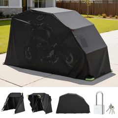 Motorcycle Storage Shelter with Security Lock, 600D Oxford Flip-Up Garage Tent, Heavy-Duty All-Weather Motorcycle Cover with Ventilation Windows, 346x137.5x190 cm