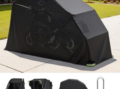 Motorcycle Storage Shelter with Security Lock, 600D Oxford Flip-Up Garage Tent, Heavy-Duty All-Weather Motorcycle Cover with Ventilation Windows, 346x137.5x190 cm