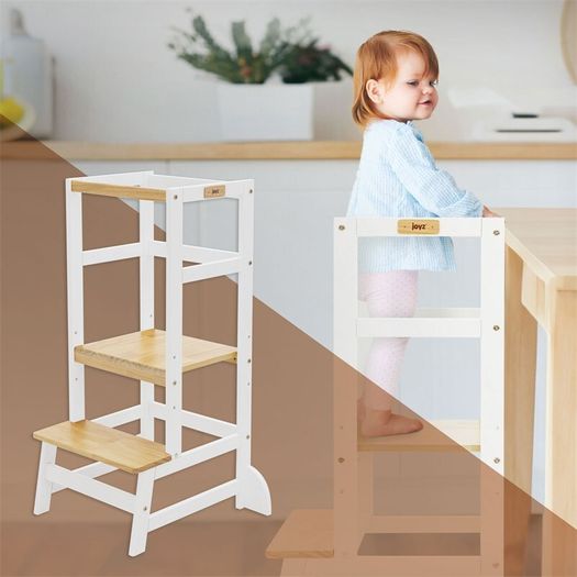 Learning tower for children from 1 year with height adjustable platform made of wood