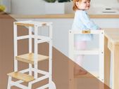 Learning tower for children from 1 year with height adjustable platform made of wood