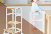 Learning tower for children from 1 year with height adjustable platform made of wood
