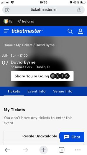 David Byrne Front standing tickets x 2 St Annes Park