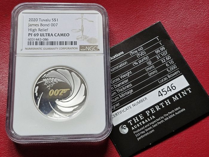 PF 69 Ultra Cameo 2020 Tuvalu James Bond 007 High Relief 1oz Silver Proof Low Mintage Coin
