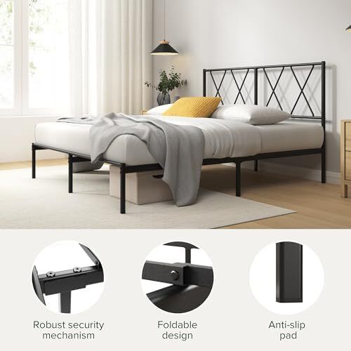 Modern 3ft Single Metal Bed Frame with Headboard (90 x 190 cm) Steel Slat Support, Easy Assembly Black