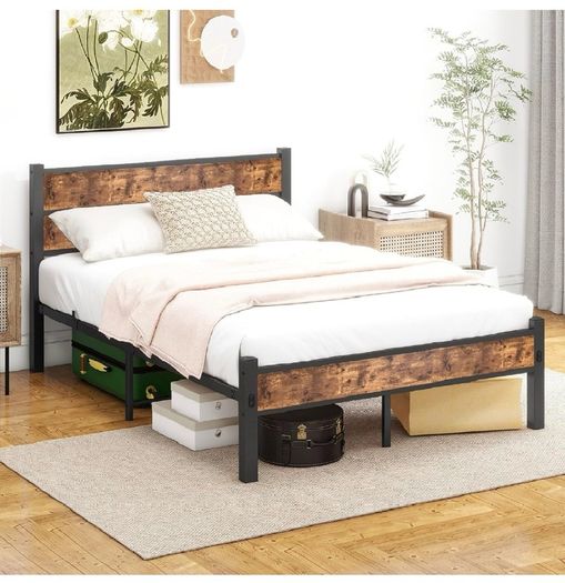 Double Bed Frame with Wooden Headboard