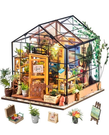 Greenhouse, DIY Miniature House Kits, Cathy's Flower House Advanced Level, 7.5 Hours, Wooden Dollhouse, Glue Free, Stress Relief Handmade Craft Kits, Birthday Gift for Women