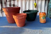 2 terracotta pots and 1 plastic hanging basket