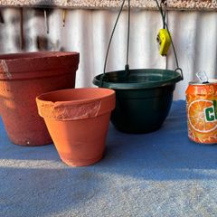 2 terracotta pots and 1 plastic hanging basket