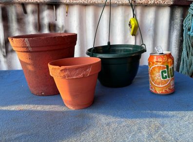 2 terracotta pots and 1 plastic hanging basket