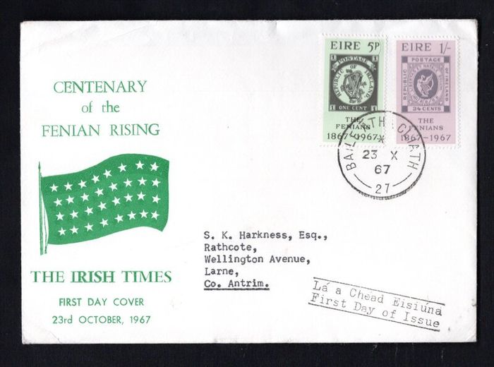 1967 Ireland Fenian Rising Commemorative Stamps Illustrated Irish Times First Day Cover (FDC) with Baile Atha Cliath (Dublin) cancel