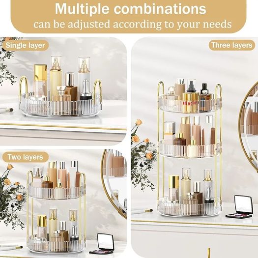 360 Rotating Makeup Organiser, 3 Tiers Spinning Skincare Organiser, Multi-Function Make Up Storage, Large Capacity Cosmetic Perfume Stand for Vanity, Bathroom and Bedroom