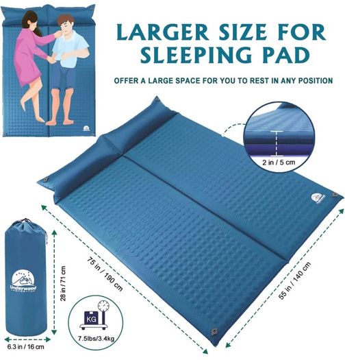 Double Self-Inflating Camping Mat - 2 Man Lightweight Sleeping Mat, Inflatable Camping Mat for 2 Person, Two Man Thick Sleeping Pad with Pillow for Hiking, Backpacking, Car Camp (FREE POSTAGE)