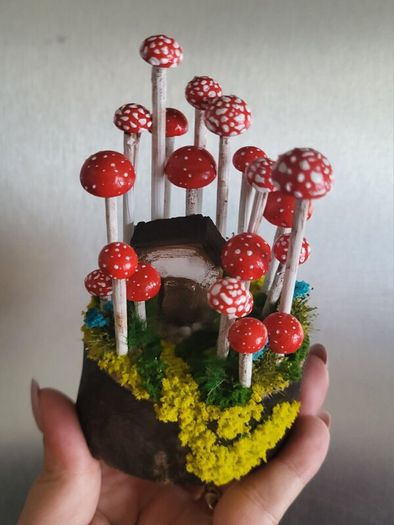 Handcrafted tiny wooden mushrooms