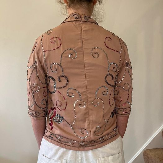 Folkster blush pink / cream sequin embellished and beaded high neck top