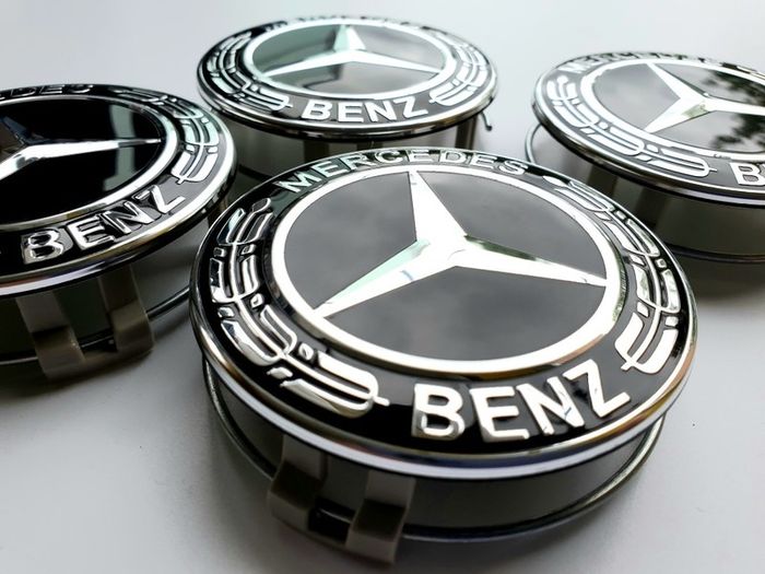 4 x Gloss Black 75mm  MERCEDES BENZ wheel CENTER CAPS (very strong fit, aluminum top) new style, for new models